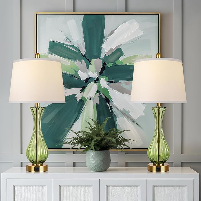 27.5" Coastal Glass Table Lamp Set of 2, 3-Way Dimmable Full Touch Control Beach Lamp with USB A+C Port, Green Glass Nautical Bedside Lamp with White Shade for Living Room Bedroom(LED Bulbs Included)