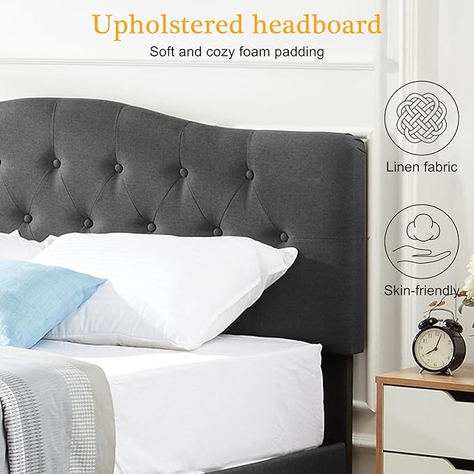 VECELO Queen Size Platform Bed Frame with Fabric Upholstered Headboard and Wooden Slats Support, No Box Spring Needed/Easy Assembly,Grey