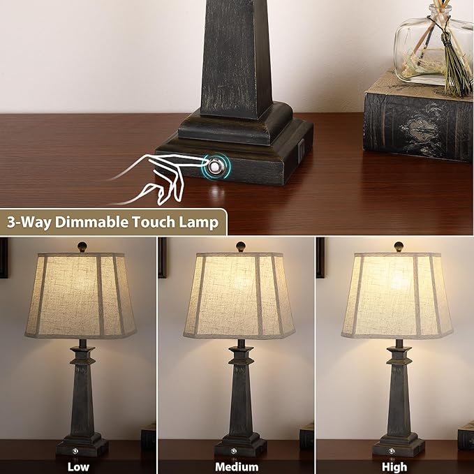 27.5" Table Lamp for Bedroom, 3-Way Dimmable Touch Lamp for Nightstand, Farmhouse Table Lamp for Living Room with USB A+C Charging Ports, Bulb Included (Black)