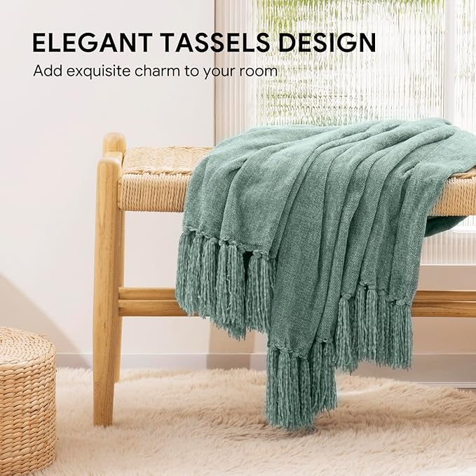RECYCO Throw Blanket Soft Cozy Chenille Throw Blanket with Fringe Tassel for Couch Sofa Chair Bed Living Room Gift (Sage, 60" x 80")