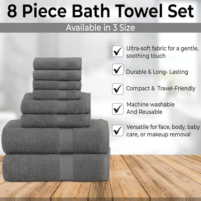 Pack of 8 Towels Set, 2 Large Bath Towels, 2 Hand Towels, 4 Wash Cloths, 100% Cotton, Lighter Weight, Quicker to Dry, Super Absorbent, Perfect for Bathroom (Grey)