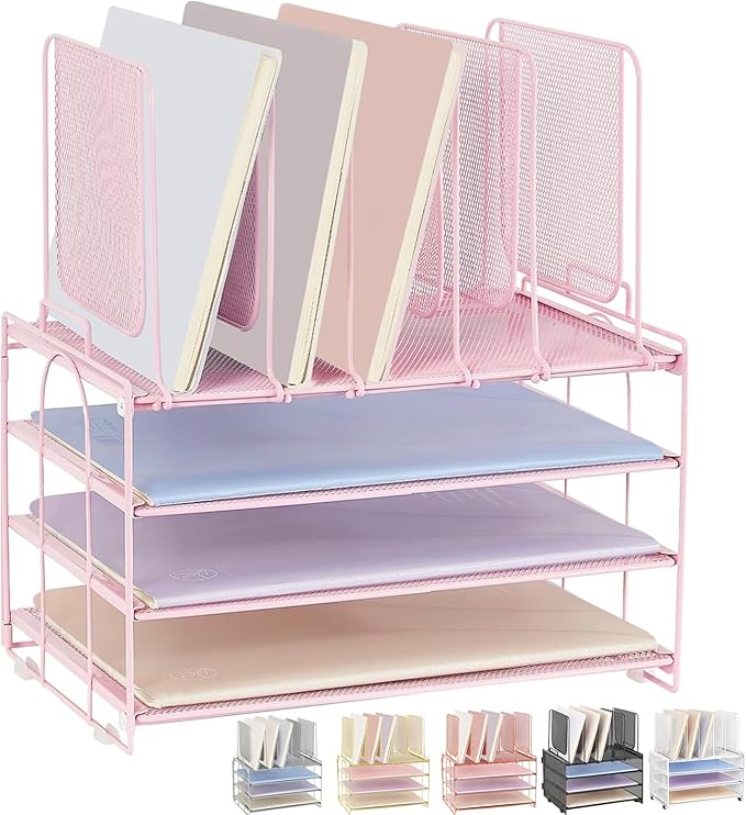 Desk Organizers and Accessories, 3-Tier Paper Organizer with 5 Vertical File Holders, File Organizer for Desk (Pink, 3T)