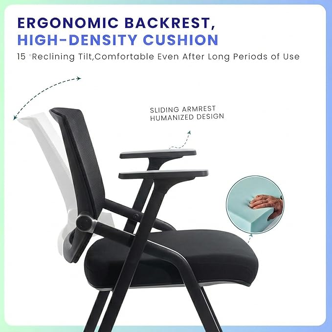 6 Pack Stackable Conference Room Chairs with Paddle Folding Office Chair Foldable Desk Chair Mesh Back and Arms for Conference Meeting Guest Reception Home Office Training Room Chair Black