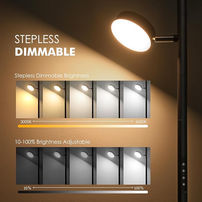 Tree Floor Lamp for Living Room - Modern Black Standing Lamp, LED Floor Light with Remote & Touch, 3000K-6000K Dimmable for Bedroom Office Reading (3 Head)