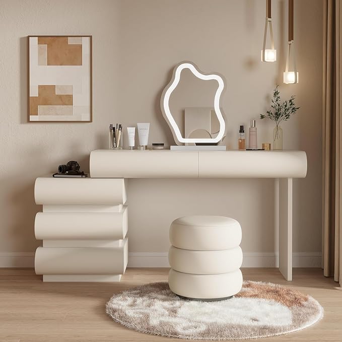 Makeup Vanity Desk with Mirror and Lights, Luxury Dressing Table with Free Retractable Side Cabinet, Microfibre Leather Wrapped Vanity Set with 5 Solid Wood Drawers, Stool-47.2in / White