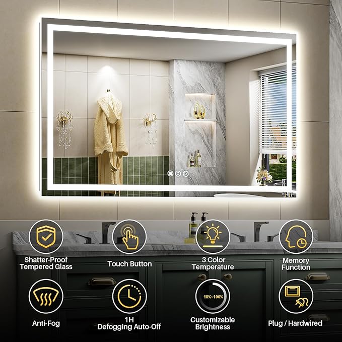 68"x38" LED Bathroom Mirror with Lights, Backlit & Front Lit, Lighted Wall Mirrors for Bathroom Vanity, Touch Screen Dimmable, Anti-Fog, Memory Function, HD Tempered Glass, Shatter-Proof, ETL Listed