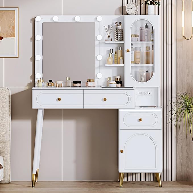 Vanity Desk with Mirror and Lights, with Power Outlet and 10 Lights Modern Capacity Makeup Vanity with 3 Drawers, Makeup Table for Bedroom,Makeup Room,White