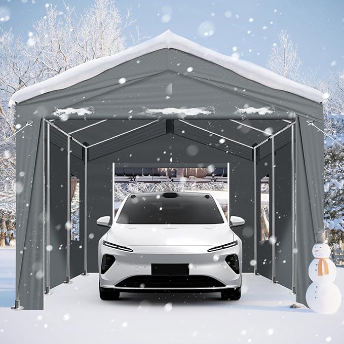 VINGLI 12x20 Carport Canopy Portable Garage with Roll-up Windows & Removable Sidewalls, Car Canopy Heavy Duty Car Tent Garage for SUV, Boats, RVs, Trucks (with Sidewalls)