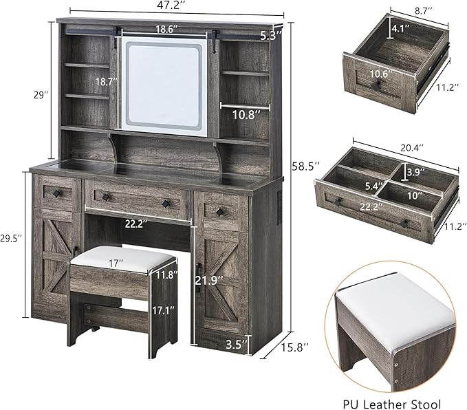 AMERLIFE 47.2" W Farmhouse Makeup Vanity Desk with Charging Station, Vanity Set with Stool & Sliding Mirror & 3 Brightness Lights, Glass Desktop, Ample Storage, Dark Oak