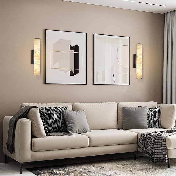 Alabaster Wall Sconces, Spanish Natural Marble Wall Sconce, 20" Bronze Wall Sconce for Bathroom, Modern Alabaster Sconces Wall Lighting Dimmable, Marble Wall Lamp for Living Room, Bedroom, Hallway