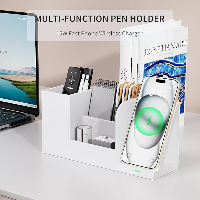 Multi-Functional Pencil Holder for Desk, Desk Organizers and Accessories with 4 Compartments for Office Art Supplies,Desk Phone Stand Charger for Desktop/Counter,Wihte Office Storage for Pens, Keys