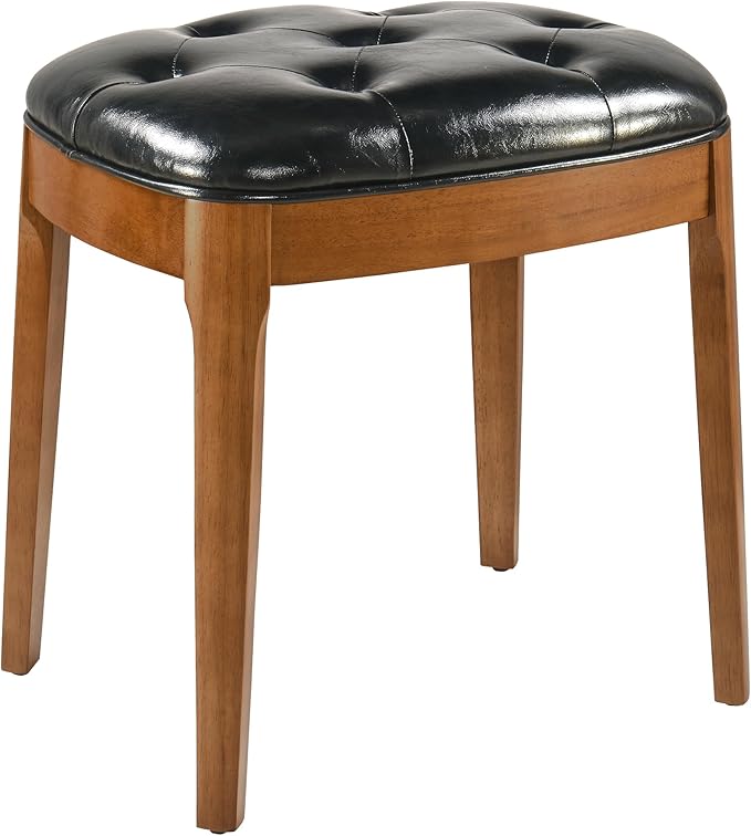 Solid Wood Button Tufted Vanity Stool, Ottoman Stool with Wood Legs & Padded Seat PU Leather Upholstered Piano Bench with Non-Slip Foot Pads Accent Stool for Bedroom Entryway, Black