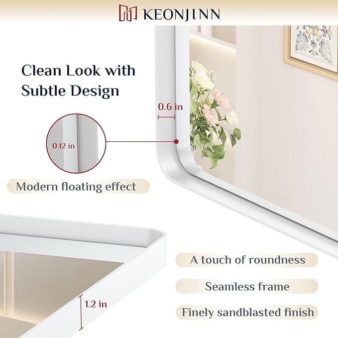 Keonjinn White Bathroom Mirror for Over Sink, 24 x 32 Inch Metal Framed Bathroom Vanity Mirrors for Wall, Rounded Corner Rectangle Farmhouse Mirror, Anti-Rust, HD Tempered Glass(Horizontal/Vertical)