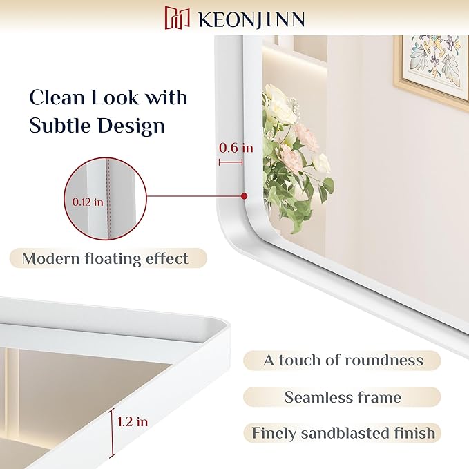 Keonjinn White Bathroom Vanity Mirror - 24 x 36 Inch Rectangular Wall Mirror, Farmhouse Style with Seamless Metal Frame, HD Tempered Glass