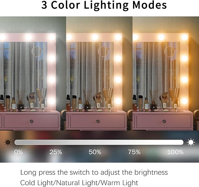 55" W Vanity Desk, Makeup Vanity with Charging Station, 15 Drawers with Lighted Mirror, 3 Lighting Modes, Brightness Adjustable, Glass Top, Vanity Table with Chair for Bedroom, Pink