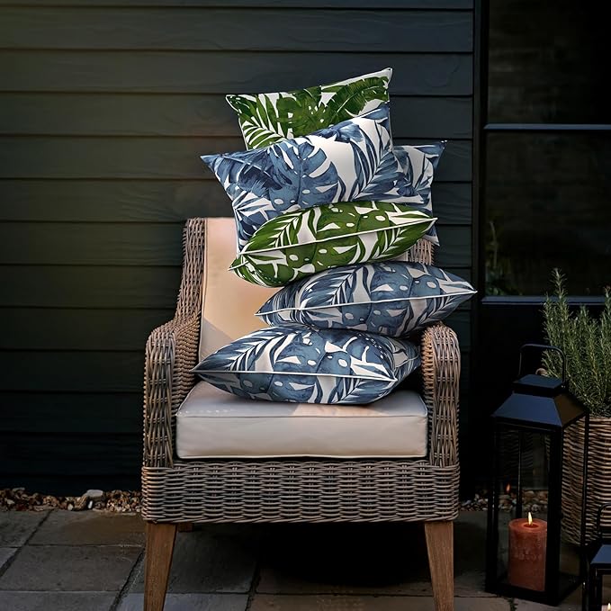 LVTXIII Set of 2 Patio Throw Pillows Waterproof 16"x16" Fade Resistant Outdoor Throw Pillows with Inserts, Fluffy Decorative Garden Toss Pillow Cushions for Home Patio Coach Sofa Use, Palms Blue