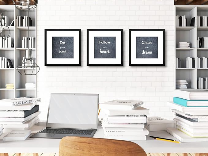 12x12 Black Picture Frame Set of 3 for Pictures 8x8 with Mat or 12x12 Without Mat, Wall or Tabletop Gallery Photo Frames with Real Glass