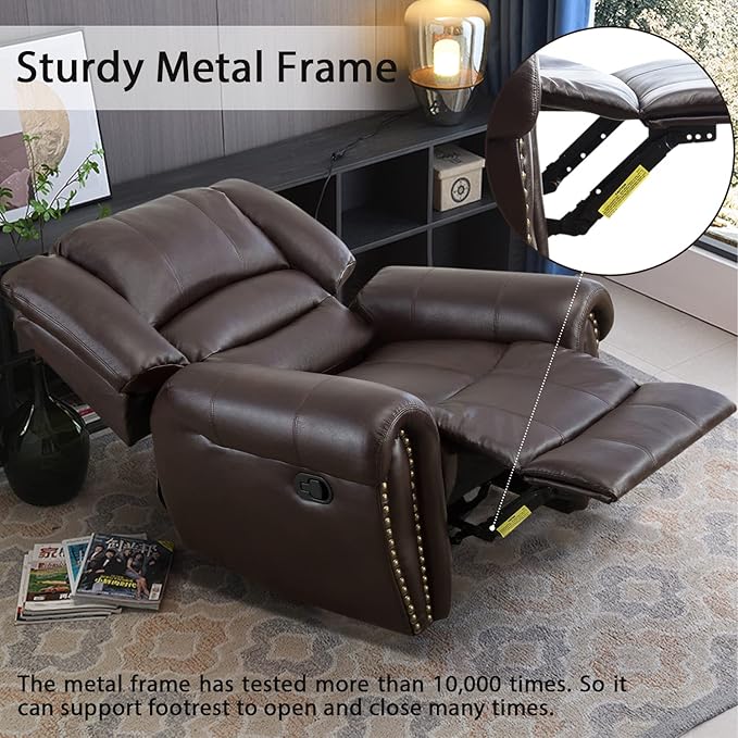 INZOY Leather Recliner Chair, Heavy Duty Manual Reclining Sofa Single Lounge Sofa for Living Room, Home Theater Seating, Brown