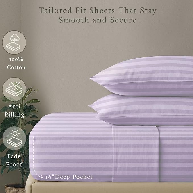Threadmill 500 Thread Count Queen Size Damask Stripe, 4 Pc Luxury Cotton Bedding Set, Silky Smooth & Breathable Lilac Sheets with 16" Elasticized Deep Pocket, 2 Pillowcases & Free Tote Bag