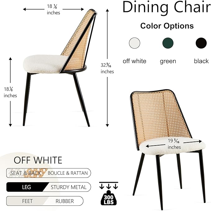 Rattan Dining Chairs Set of 4, Modern Mid Century Dining Chairs Upholstered Kitchen Chairs Boucle Stylish Cane Chairs with Metal Legs for Apartment, Dining Room