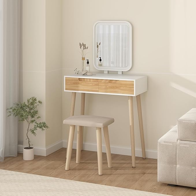 YOURLITE Makeup Vanity Desk with Lights, Small Vanity with Adjustable Brightness Mirror for Small Spaces, Vanity Desk with Drawers 27.5", Square Mirror Wood