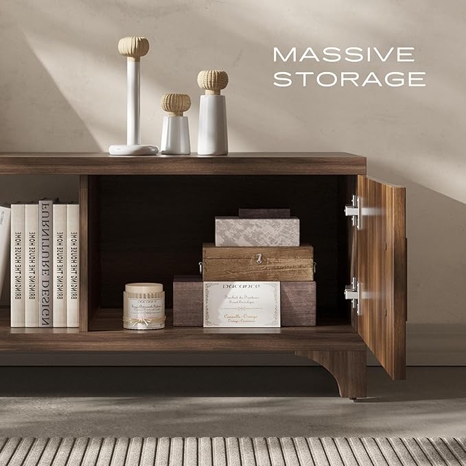 Mid Century Modern TV Stand for 70/75 Inches Television, TV Console with Fluted Doors and Storage, Entertainment Center for Living Room and Bedroom, Dark Brown