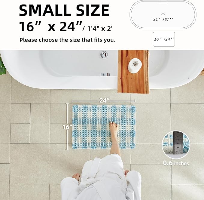 Waffle Bath Mat, Boho Bathroom Rugs Non Slip Washable Absorbent Checkered Bathroom Mat Quick Dry Cute Bath Mat, 24"x16" Blue and White