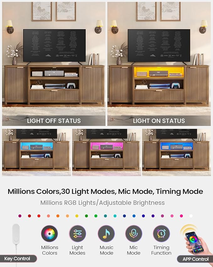 AOGLLATI Fluted TV Stand for Living Room, 71” Heavy-Duty TV Console Cabinet with Storage and Shelf, Mid Century Modern Television Stands with Drawers for 60/65/70/75/80 TV, Wood (Wood)