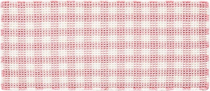 Waffle Bath Mat, Boho Bathroom Rugs Non Slip Washable Absorbent Checkered Bathroom Mat Quick Dry Cute Bath Mat, 48"x24" Pink and White
