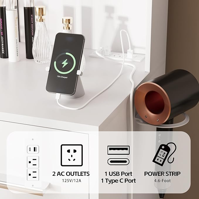 Furmax Vanity Desk with Mirror, LED Lights and Power Outlet Makeup Vanity Table with 7 Drawers and 6 Storage Shelves Dressing Table for Bedroom Dressing Room (White)