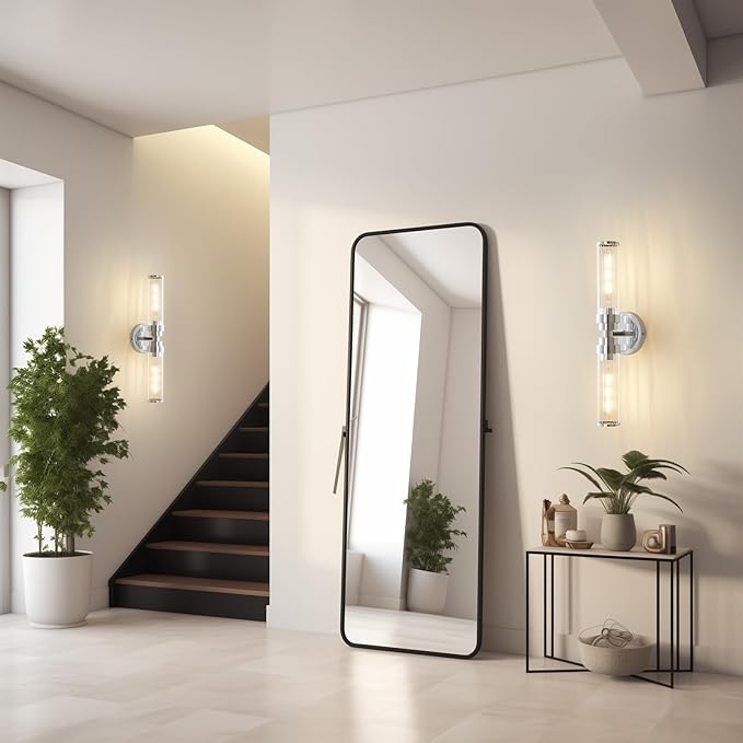 Bathroom Light Fixtures, Chrome Wall Sconce in Threaded Glass Indoor Vanity Lights, Modern Bathroom Vanity Light Up and Down Sconces Wall Lighting for Bathroom, Living Room - Bulb Not Included