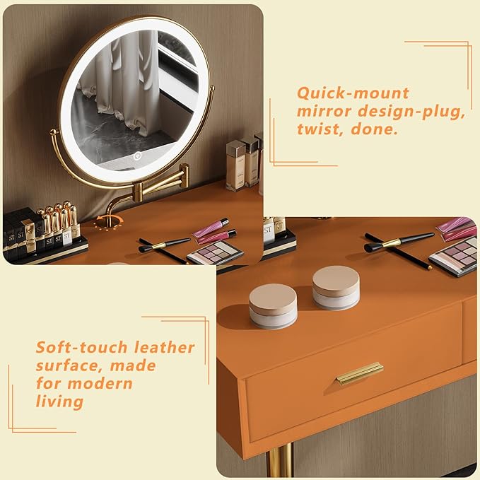 Vanity Desk with Adjustable Mirror and Lights, Makeup Desk with Drawers and Chair, Dressing Table Set with Leather Surface, Small Vanity Table for Bedroom, 3 Lighting Modes (Orange)