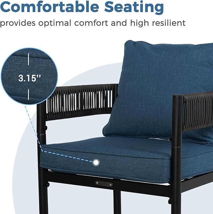 Grand patio 5-Piece Outdoor Dining Set for 4, Metal Woven Wicker Fixed Patio Chairs with Thickened Cushions & 1 Square Woodgrain Dining Table with Umbrella Hole for Backyard Deck (Brown)