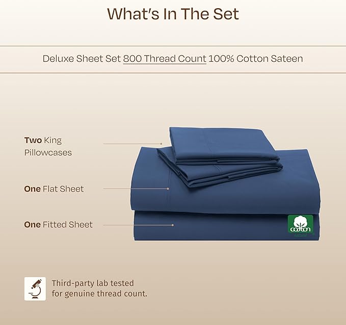 California Design Den King Size Sheets Set Cotton - Luxury Hotel 800 Thread Count Sateen, Natural 100% Cotton King Bed Sheets, Deep Pockets with Anti-Skid Elastic, Cool and Durable - Navy Blue