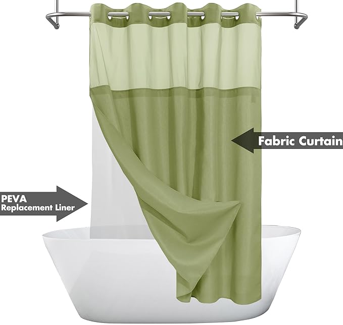 No Hook Slub Textured Shower Curtain with Snap-in PEVA Liner Set - 71" x 74"(72"), Hotel Style with See Through Top Window, Fabric Outer Curtain & Waterproof Inner Liner, Sage, 71x74