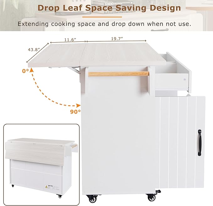 Kitchen Island with Storage & Drop Leaf, 51" Kitchen Rolling Island on Wheels with Spice Rack & Towel Rack, Kitchen Island Cart with Trash Can Storage, White