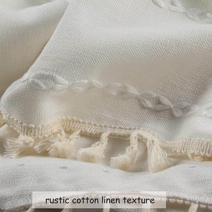Boho Curtains - Embroidery Linen and Cotton 63 Inch Length 2 Pannels for Living Room, Cream Off White Light Filtering Farmhouse Curtains with Rod Pocket Draperies 52" W x 63" L