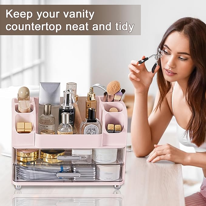 DASITON Large Capacity Makeup Organizer for Vanity with 2 Drawers, Skincare Organizers with Makeup Brush Holder, Cosmetic Display Case for Dresser Vanity Bathroom Countertop (Pink)