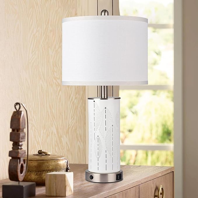 Ceramic Engraved Translucent Light Decorative 25" Table Lamps Set of 2 with Nightlight,E26 Socket&Rotary Switch,USB A+C Ports,Modern Bedside Lamps for Nightstand,Bedroom(Bulbs Included)