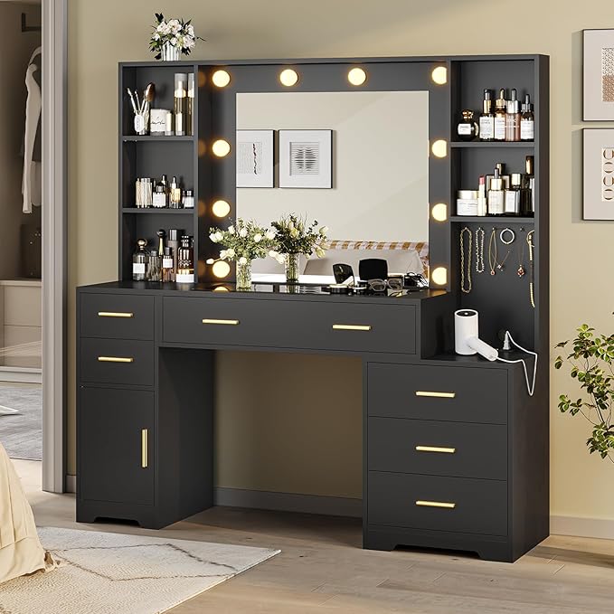 Hasuit 48.8'' Large Vanity Desk with Lighted Mirror & Power Outlet, Black Makeup Vanity Table with 6 Drawers, 4 Shelves and 1 Storage Cabinet, Glass Tabletop Bedroom Dressing Table, 3 Lighting Modes