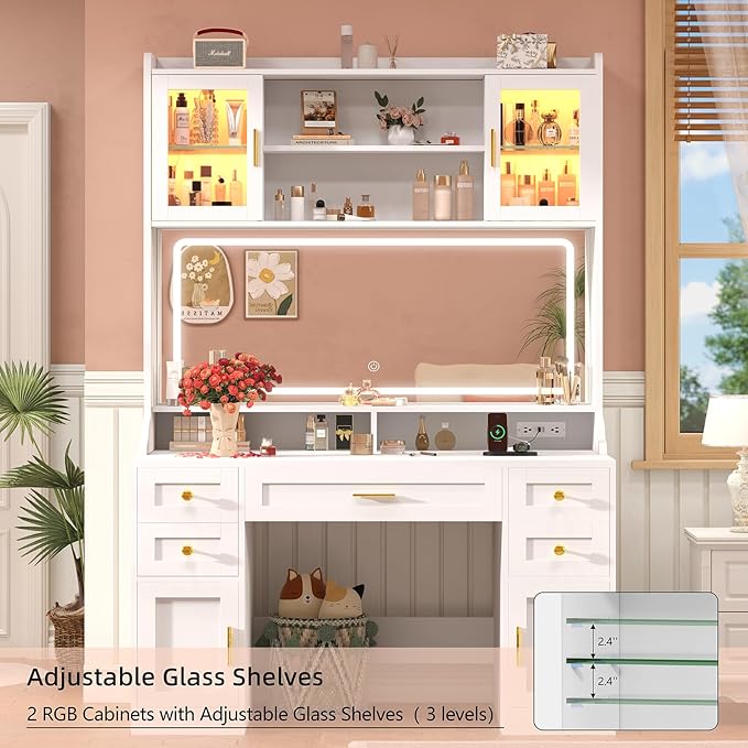 75" Vanity Desk with Mirror and Lights, Makeup Vanity with 5 Drawers & 2 RGB Door, White Vanity with Charging Station, Big Vanity Table with Lighted Mirror, 3 Color Lighting Modes, for Bedroom