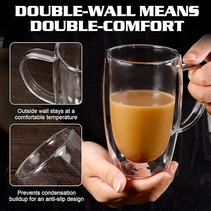 Clear Glass Double Wall Insulated Round Coffee Mugs Set of 4 Pieces - Large Size 16oz Best Reusable Coffee Mug for Home Cafe Restaurant Perfect for Espresso Capucinno Lungo Latte Coffee