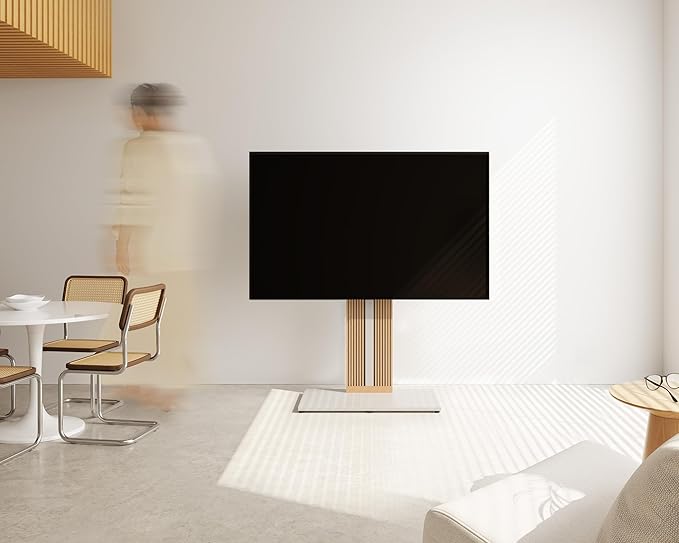 FITUEYES Design Wood TV Stand Swivel Mount with Hidden Back Storage for 55-88 inch TV Screens, Scandinavian Style Tall Floor TV Stand for Home Decor with Reinforced Base, Zen Series, White