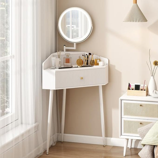 ARTETHYS Corner Vanity Desk with Retractable and Rotating Mirror and Lights Small Modern White Makeup Vanity Set with Glass Top for Women Compact Girls Dressing Table with Storage for Small Space