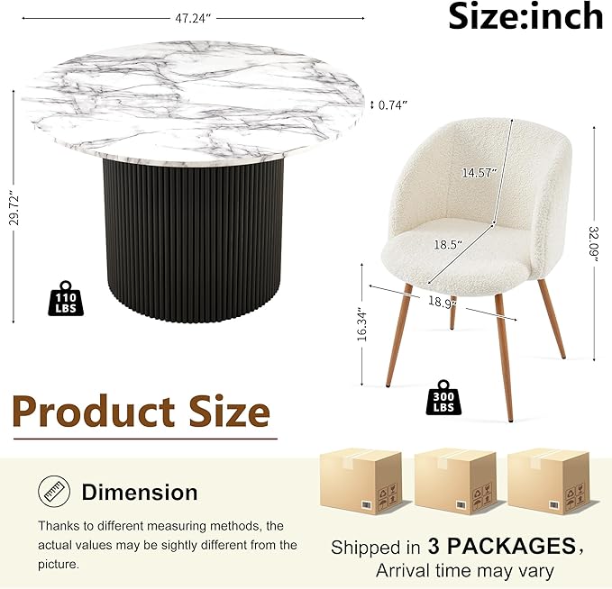 47" Round Kitchen Dining Table Set for 4, Two-Part White Marble Tabletop with Wood Strips, Industrial Home Kitchen Table Set with Off White Sherpa Barrel Dining Accent Side Chairs Comfy
