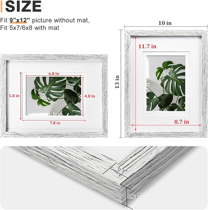 Egofine 9x12 Picture Frames Made of Solid Wood with Plexiglass, Display Pictures 5x7/6x8 with Mat or 9x12 Without Mat for Tabletop and Wall Mounting, Driftwood White
