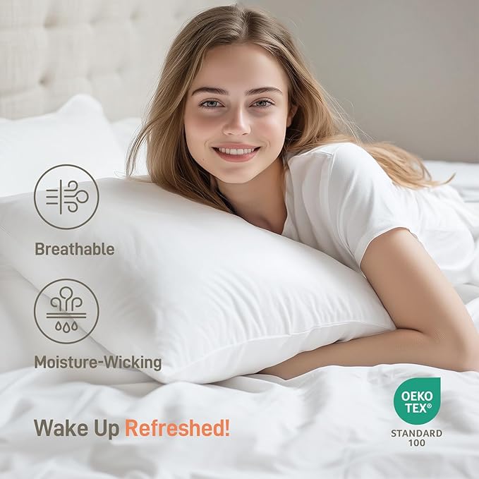 Hypoallergenic Bamboo Viscose Shell, Soft Standard/Queen Size Bed Pillow with Down Alternative Filling, Oeko-Tex Certified, Luxury Hotel Quality for Stomach, Back and Side Sleepers