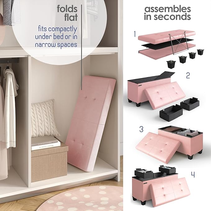 STORAGEBUD Storage Ottoman Bench with Bins, 30-in Storage Bench for Bedroom End of Bed, Folding Foot Rest Ottoman for Living Room Max 660lbs, Faux Leather Ottomans, Pink