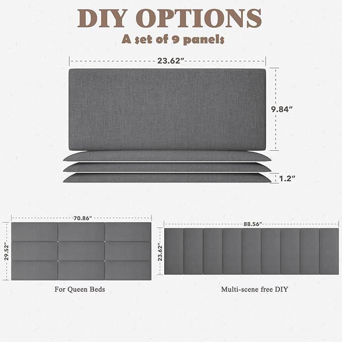 Upholstered Headboard for Queen Size Bed, Wall Mounted & Peel and Stick Headboard, Soundproof DIY Wall Panels, Fabric Tufted Head board in Modern Design for Bedroom (9 Panels, Each 23.62"x9.84"）