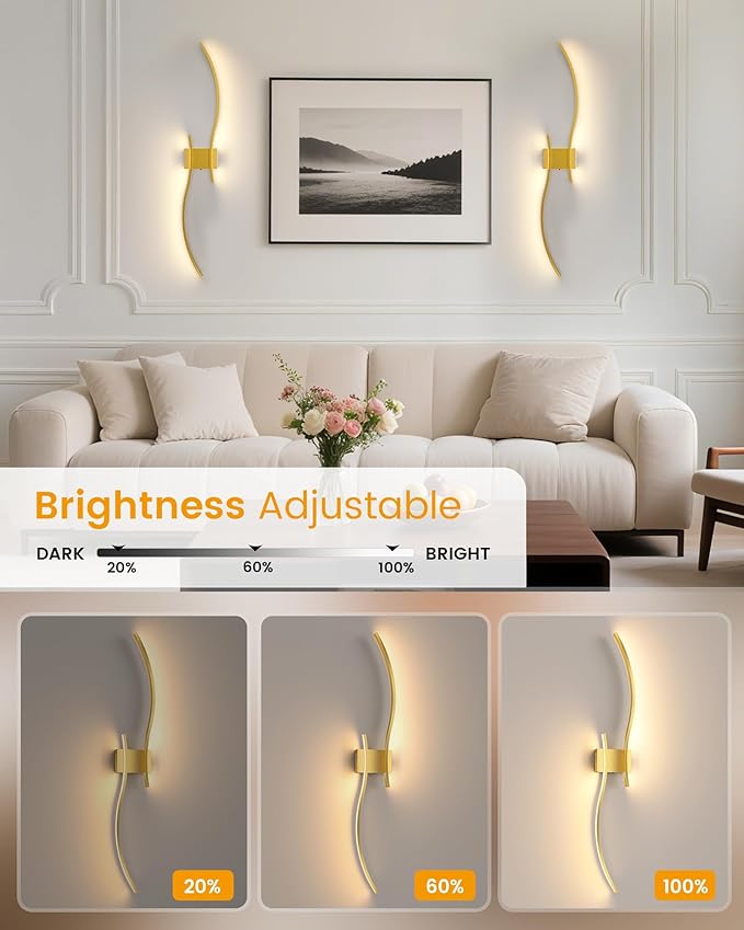 NIORSUN 39.4 Inch Battery Operated Wall Sconce Set of 2, Gold Modern Rechargeable Wall Lights with Remote, 3CCT Dimmable Wireless Wall Lamp for Living Room Bedroom Hallway